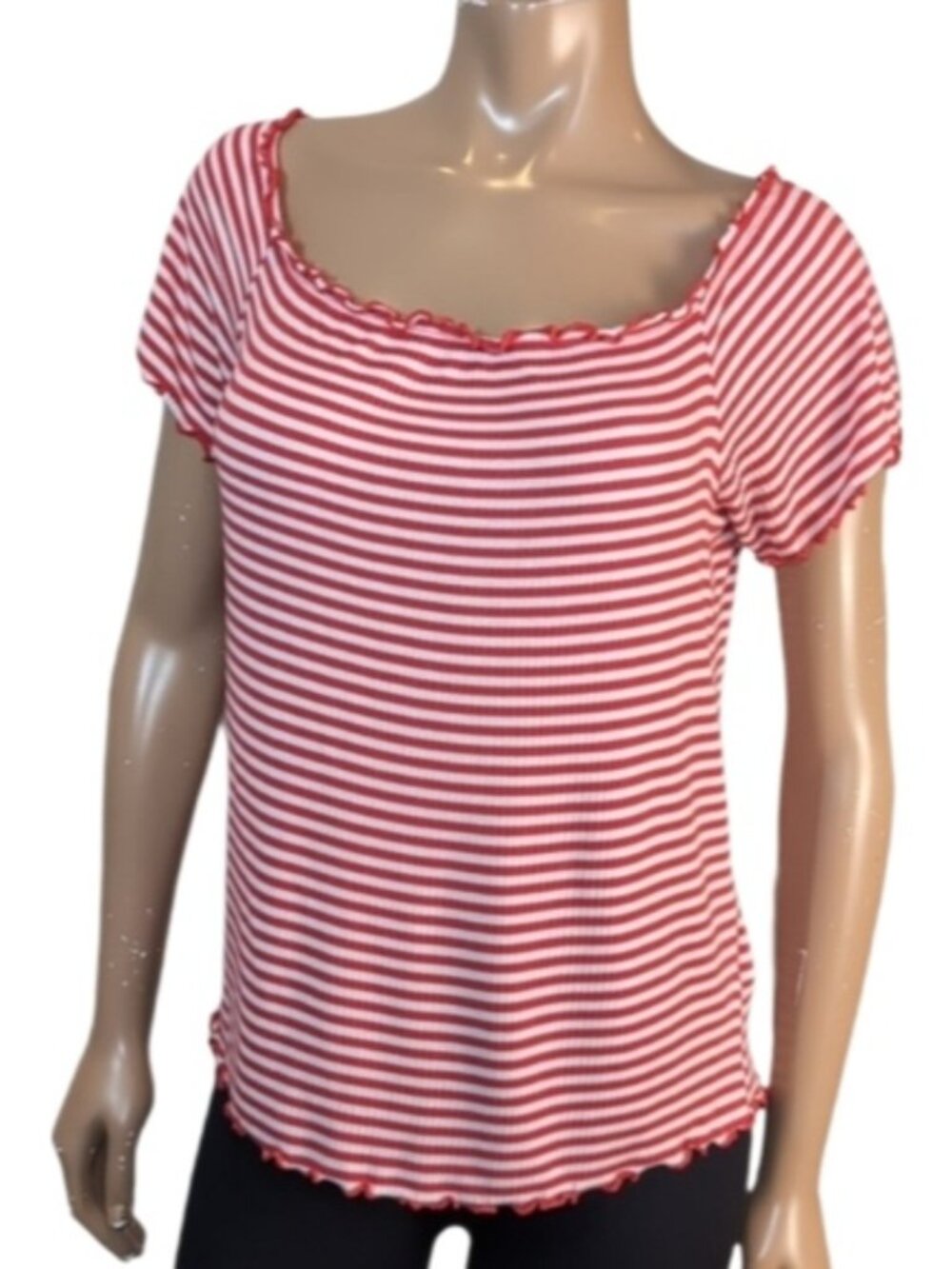💠 U2B Striped Tshirt Womens Plus Size 2XL Red White Lettuce Hem Ribbed Top